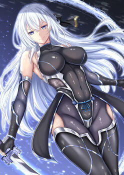 Rule 34 | 1girl, bare shoulders, black bow, blue eyes, bodysuit, bow, breasts, clothing cutout, crossed bangs, detached sleeves, double-parted bangs, eiyuu densetsu, fingerless gloves, fishnet cutout, fishnets, gloves, hair between eyes, hair bow, half updo, highres, holding, holding sword, holding weapon, kanna (minamozuki), katana, kuro no kiseki (series), large breasts, long hair, looking at viewer, partially shaded face, shizuna rem misurugi, skin tight, smile, solo, sword, taimanin suit, thigh cutout, upper body, weapon, white hair