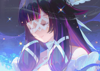 1girl black_hair closed_eyes closed_mouth columbina_(genshin_impact) commentary_request ddal dress eye_mask genshin_impact hair_ornament head_wings highres long_hair mask multicolored_hair pink_hair portrait revision ribbon smile solo two-tone_hair white_dress white_mask wings