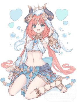 1girl absurdres blue_gemstone bracer brooch circlet fake_horns fumicode2_3 gem genshin_impact gladiator_sandals gold_sandals harem_outfit highres horns jewelry long_hair long_sleeves midriff neck_ring nilou_(genshin_impact) padisarah_flower puffy_long_sleeves puffy_sleeves red_hair sandals solo thighlet veil white_veil
