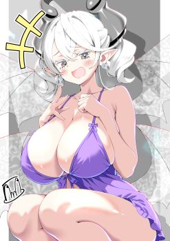 1girl absurdres artist_logo babydoll bare_shoulders blush border breasts cleavage collarbone commentary_request crossed_bangs demon_girl demon_horns duel_monster grey_background grey_eyes hair_between_eyes hair_intakes hand_on_own_chest hands_up highres horns large_breasts logo long_hair looking_at_viewer lovely_labrynth_of_the_silver_castle multiple_wings open_mouth pillarboxed purple_babydoll sideboob sidelocks silver_horns silver_wings smile solo squatting tama_amata thighs two_side_up white_border white_hair wings yu-gi-oh!