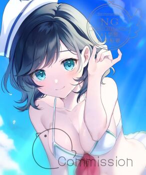 1girl adjusting_hair bent_over bikini black_hair blue_eyes blue_sky bow breasts cleavage commission hat large_breasts murasa_minamitsu outdoors pink_nails red_bow sailor_hat short_hair skeb_commission skirt sky smile solo swimsuit torimarururu touhou upper_body wet wet_hair white_bikini white_hair white_skirt