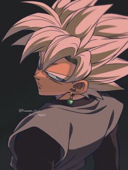 Rule 34 | 1boy, black background, black shirt, dougi, dragon ball, dragon ball super, earrings, from behind, goku black, grey eyes, grey tunic, highres, jewelry, komesan 0212, male focus, pink hair, potara earrings, shirt, simple background, solo, spiked hair, super saiyan, super saiyan rose, tunic, twitter username, watermark