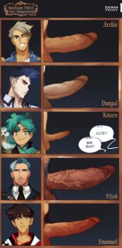 5boys absurdres archie_pendragon artist_name bara danyal_baron elijah_antaios emanuel_van_redfor english_text erection fairytale_police_hoe_department girthy_penis highres idoraad large_penis looking_at_viewer male_focus multiple_boys penis penis_chart penis_piercing penis_size_difference piercing satou_kotarou_(fairytale_police_hoe_department) shota uncensored veins veiny_penis