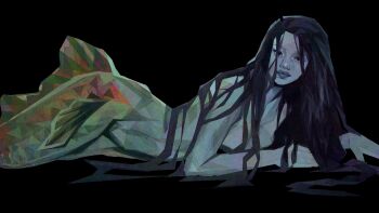 1girl aegyo_sal black_background black_eyes black_hair commentary_request elbow_rest expressionless from_side grey_lips highres long_hair looking_at_viewer lying mermaid monster_girl nude on_ground on_stomach original painterly simple_background solo twulfs wet wet_hair