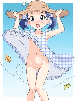 1girl absurdres accidental_exposure armpits arms_up belly blue_eyes blue_hair blush brown_hat cleft_of_venus clothes_lift commission commissioner_upload dress dress_lift falling_leaves feet_out_of_frame female_focus flat_chest hat highres leaf loli looking_at_viewer navel nipples no_panties nose_blush ojamajo_doremi open_mouth pussy ribbon senoo_aiko short_hair short_twintails simple_background solo standing straw_hat surprised sweatdrop tearing_up thighs tomboy twintails uncensored wind wind_lift yiku1707