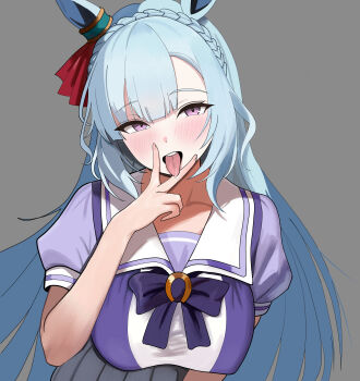 Rule 34 | 1girl, absurdres, blue hair, blush, braid, breasts, crown braid, g bael suomi, highres, horse girl, large breasts, long hair, looking at viewer, mejiro ardan (umamusume), purple eyes, saliva, school uniform, solo, tongue, tongue out, tracen school uniform, umamusume