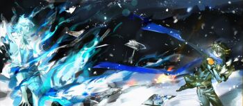 2boys 99ki5 black_hair black_shirt black_sky blue_coat blue_eyes blue_hair blue_scarf bomber_jacket border brown_gloves bruno_(yu-gi-oh!) coat denim elbow_gloves facing_another facing_away falling fire fudo_yusei gloves hair_slicked_back jacket jeans light_particles looking_back male_focus multiple_boys night open_clothes open_coat open_jacket ornate_border outdoors pants photo_(object) popped_collar scarf shirt sky sleeves_rolled_up smoke snow snowflakes snowing spiked_hair striped_clothes striped_jacket turning_head white_jacket wind winter yu-gi-oh! yu-gi-oh!_5d's