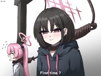 2girls black_hair black_jacket blue_archive closed_eyes commentary crying english_commentary english_text execution halo highres hood hooded_jacket jacket james_franco_first_time?_(meme) kai_xin koyuki_(blue_archive) long_hair looking_at_viewer meme misaki_(blue_archive) multiple_girls noose open_mouth pink_hair red_eyes rope_around_neck short_hair subtitled twintails underwear