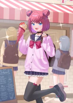 3girls absurdres backpack bag black_choker black_shoes black_thighhighs blonde_hair blue_eyes blue_hair blue_sailor_collar blue_skirt bow brown_bag cardigan choker colored_inner_hair commentary_request crepe double_bun food foot_out_of_frame fukujin grey_hair hair_bun hair_ornament highres holding holding_crepe holding_food leg_up multicolored_hair multiple_girls original pink_cardigan pink_hair pleated_skirt red_bow red_hair sailor_collar school_uniform serafuku shoes side_up_bun skirt smile solo_focus sparkle streaked_hair thighhighs x_hair_ornament