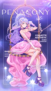 1girl 2024 absurdres alternate_costume ankle_ribbon arm_ribbon back_bow backless_dress backless_outfit bare_shoulders bead_bracelet beads bow bracelet bridal_gauntlets choker collarbone commentary corded_phone cover curly_hair dress earrings english_commentary english_text facial_mark fake_cover footwear_bow green_eyes hair_between_eyes hair_ornament hairclip halo hand_on_own_knee head_wings heart heart_earrings heart_facial_mark heart_hair_ornament heart_o-ring high-low_dress high_heels high_ponytail highres holding holding_phone honkai:_star_rail honkai_(series) hoyofair jewel_under_eye jewelry leg_ribbon long_dress long_hair looking_at_viewer magazine_cover nail_polish necklace o-ring phone piercing platform_heels ponytail puckered_lips pumps purple_background purple_bow purple_choker purple_hair purple_nails purple_ribbon purple_shoes ribbon ribbon_choker ripples robin_(honkai:_star_rail) see-through_clothes see-through_socks shoes sideways_glance single_bridal_gauntlet single_wrist_cuff sitting socks solo stellated_octahedron strapless strapless_dress swing takanodem white_bridal_gauntlets white_ribbon white_socks white_wings wing_hair_ornament wing_piercing wings wrist_cuffs