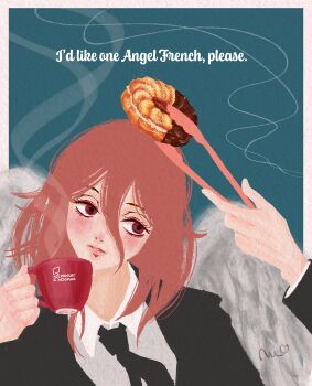 2boys angel_devil_(chainsaw_man) black_jacket black_necktie chainsaw_man collared_shirt commentary_request cup donut food french_cruller hair_between_eyes hayakawa_aki highres hiyo_mimo holding holding_cup holding_tongs jacket long_hair mug multiple_boys necktie parted_lips red_eyes red_hair shirt steaming_cup suit_jacket tongs white_shirt