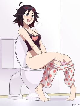 1girl ahoge barefoot bathroom black_hair black_shirt blush bow bow_panties breasts breath brown_eyes cleavage clothes_pull collarbone dangerking11 eyewear_on_head gradient_hair heart heart_print highres mask masturbation medium_breasts multicolored_hair open_mouth pajamas panties pants pants_pull panty_pull pink_bow pink_panties polka_dot polka_dot_pants print_mask print_shirt puff_of_air red_hair rooster_teeth ruby_rose rwby shirt short_hair sitting sleep_mask smile sweat tank_top toilet two-tone_hair underwear white_pants