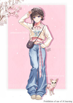 1girl animal arm_up bag belt black_bag black_hair blue_eyes blue_pants braid branch brown_shoes cherry_blossoms chihuahua closed_mouth clothed_animal collared_shirt commentary_request crop_top cropped_shirt cropped_sweater crown_braid denim dog drop_shadow falling_petals floral_print full_body hand_on_own_hip highres jeans long_sleeves medium_hair original pants pet petals pink_background pink_belt pink_shirt plaid_belt plaid_clothes playing_with_own_hair print_belt print_sweater sanbasou shirt shoes sleeves_past_wrists smile solo standing sweater wispy_bangs yellow_sweater