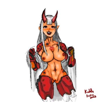 1girl breasts cyborg day_of_wrath day_of_wrath_(doom_fanfic) demon_girl demon_horns doom_(series) evil_eyes evil_smile highres horns kuddly_kraken large_breasts long_hair looking_at_viewer mechabare muscular muscular_female navel nipples no_pants non-web_source nude pussy red_eyes seductive_smile signature simple_background smile solo tongue tongue_out topless_female white_background white_hair zoe_thompson