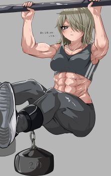 1girl abs anklet biceps blonde_hair breasts exercising hair_over_eyes highres imouto_(qq71nd95mgt50a1) jewelry muscular muscular_female one_eye_covered original outstretched_legs pants pullup_bar pullups short_hair solo sports_bra sweat sweatdrop weights yoga_pants
