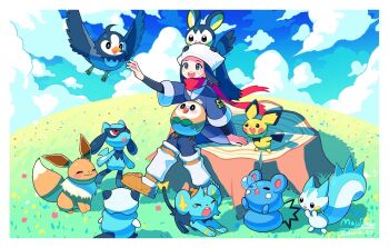 1girl :d akari_(pokemon) arm_support azurill bird black_hair black_shirt border brown_footwear cloud commentary day eevee emolga gen_1_pokemon gen_2_pokemon gen_3_pokemon gen_4_pokemon gen_5_pokemon gen_7_pokemon grass grey_jacket grey_skirt headscarf jacket long_hair loose_socks maydaykiki nintendo on_head open_mouth oshawott outdoors pachirisu pantyhose pichu pokemon pokemon_(creature) pokemon_legends:_arceus pokemon_on_head ponytail riolu rowlet shinx shirt shoes sidelocks sitting skirt sky smile socks starly tree_stump white_border white_headscarf white_headwear white_pantyhose