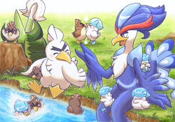 Rule 34 | anger vein, bird, blue eyes, brown eyes, closed eyes, creatures (company), duck, farfetch&#039;d, galarian farfetch&#039;d, game freak, gen 1 pokemon, grass, looking at another, nintendo, open mouth, outdoors, pokemon, pokemon (creature), quaquaval, quaxly, river, rock, shuri (syurigame), sitting, spring onion, thick eyebrows, v-shaped eyebrows