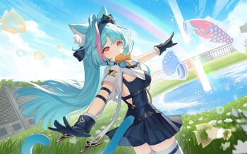 1girl absurdres animal_ear_fluff animal_ears black_gloves black_hairband black_skirt black_unitard blue_sky breasts cat_ears cat_girl cat_tail commentary day dutch_angle food gloves hairband highres koi large_breasts looking_at_viewer looking_to_the_side mint_(nte) mouth_hold multicolored_hair neverness_to_everness outdoors pond rainbow red_eyes skirt sky solo streaked_hair tail taiyaki turning_head unyun wagashi