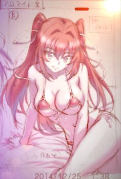 1girl arm_support bed_sheet bikini breasts cleavage closed_mouth collarbone commentary_request dated feet_out_of_frame front-tie_bikini_top front-tie_top hair_intakes hair_ribbon highres large_breasts long_hair looking_at_viewer micro_bikini naruse_mio navel official_artist_extra production_art red_bikini red_eyes red_hair ribbon shinmai_maou_no_testament side-tie_bikini_bottom sitting sketch skindentation solo string_bikini swimsuit thighs traditional_media translation_request two_side_up underboob watanabe_yoshihiro white_ribbon