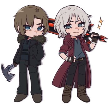 2boys axe black_jacket blue_eyes boots brown_boots brown_gloves brown_hair brown_shoes capcom coat company_connection dante_(devil_may_cry) deformed devil_may_cry_(series) devil_may_cry_5 devil_sword_dante drop_shadow facial_hair fingerless_gloves frown full_body fur-trimmed_jacket fur_trim gloves goatee_stubble grey_hair holding holding_axe holding_sword holding_weapon iluvmyhamster69 jacket leon_s._kennedy looking_at_viewer male_focus multiple_boys red_coat resident_evil resident_evil_requiem shoes simple_background smile stubble sword weapon white_background
