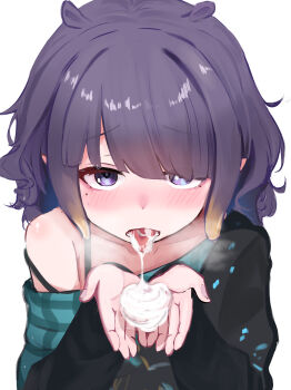 Rule 34 | 1girl, blush, cum, cum in mouth, cum on body, cum on hands, cum on tongue, hololive, hololive english, looking at viewer, ninomae ina'nis, purple eyes, purple hair, simple background, solo, tongue, tongue out, virtual youtuber, white background, yukurita