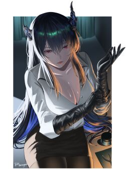 1girl absurdres adjusting_clothes adjusting_gloves asymmetrical_horns black_gloves black_hair black_horns black_pantyhose black_skirt blue_hair breasts cleavage collarbone commentary english_commentary gloves highres hololive hololive_english horns indoors large_breasts multicolored_hair nerissa_ravencroft nerissa_ravencroft_(casual) pantyhose purple_eyes reendhw shirt skirt solo two-tone_hair uneven_horns virtual_youtuber white_shirt