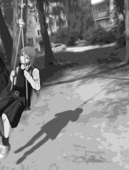 1girl belt chainsaw_man death_devil_(chainsaw_man) earrings greyscale hanging head_tilt highres implied_suicide jewelry medium_hair mole mole_under_eye monochrome on_swing photo_background school_uniform shaardy swing swing_set swinging_on_swing