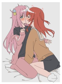 between_legs black_shirt black_skirt blue_eyes blush bocchi_the_rock! brown_shirt closed_eyes cube_hair_ornament gotoh_hitori grey_background hair_ornament hand_between_legs haru_(konomi_150) heart highres jacket kiss kita_ikuyo long_hair medium_hair off-shoulder_jacket off_shoulder on_bed open_clothes open_jacket pants pink_hair pink_jacket pink_pants red_hair school_uniform shirt shuka_high_school_uniform side_ahoge side_ponytail simple_background sitting skirt socks track_jacket wariza white_background white_socks yuri