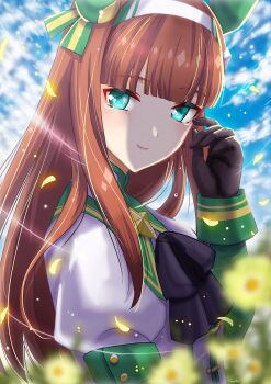 Rule 34 | 1girl, animal ears, black bow, black gloves, blue eyes, blue sky, blunt bangs, blush, bow, brooch, closed mouth, cloud, commentary request, ear covers, flower, gloves, green eyes, green sailor collar, green sleeves, hairband, highres, hime cut, horse ears, horse girl, jewelry, long hair, long sleeves, looking at viewer, orange hair, otono (bkt4b), outdoors, sailor collar, shirt, silence suzuka (umamusume), sky, smile, solo, umamusume, upper body, white hairband, white shirt