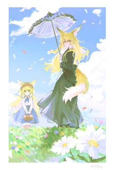 Rule 34 | 2girls, alternate costume, animal ears, arknights, basket, black dress, blonde hair, blue skirt, commentary, dress, ears through headwear, english commentary, flower, fox ears, fox girl, fox tail, green eyes, hat, highres, holding, holding basket, holding umbrella, kitsune, long hair, long sleeves, mother and daughter, multiple girls, open mouth, orange eyes, orange hat, outdoors, parasol, shirt, skirt, suzuran (arknights), tail, umbrella, vulpisfoglia (arknights), wed (lim38869577), white shirt
