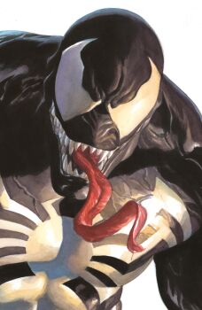 1boy absurdres alex_ross black_bodysuit bodysuit character_logo comic_cover cover cover_page highres long_tongue looking_at_viewer male_focus marvel monster_boy official_art open_mouth realistic sharp_teeth slime_boy solo spider-man_(series) teeth tongue upper_body venom_(marvel) very_long_tongue western_comics_(style) white_background