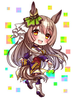 1girl animal_ears blush bodice boots braid breasts brown_eyes brown_hair chibi chibi_only choker commentary_request corset cropped_jacket double-parted_bangs ear_ornament from_side full_body garter_straps hair_between_eyes half_up_braid highres horse_ears horse_girl horse_tail jacket large_breasts long_hair long_sleeves looking_at_viewer midriff_peek multicolored_hair navel open_mouth overskirt pendant_choker purple_choker purple_garter_straps purple_thighhighs red_corset red_shorts satono_diamond_(umamusume) shirt shorts smile solo starting_future_(umamusume) streaked_hair sugimotty_nova tail teeth thighhighs umamusume upper_teeth_only very_long_hair white_boots white_jacket white_shirt wristband