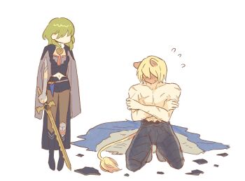 1boy 1girl animal_ears armor blonde_hair blue_cape blush broken_armor cape covering_body cross_scar crossed_arms dimitri_alexandre_blaiddyd dimitri_alexandre_blaiddyd_(blue_lion) facing_another female_byleth_(fire_emblem) fire_emblem fire_emblem:_three_houses fire_emblem_shadows flying_sweatdrops frelyaskn full-face_blush full_body fur-trimmed_cape fur_trim green_hair highres holding holding_sword holding_weapon kneeling lion_boy lion_ears lion_tail multiple_scars muscular muscular_male navel nintendo pectorals scar scar_on_arm scar_on_chest sweatdrop sword sword_of_the_creator tail topless_male unworn_cape weapon white_background