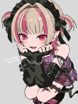 Rule 34 | 1girl, :d, alternate headwear, arm belt, arm strap, arm warmers, bare shoulders, belt, black arm warmers, black belt, black headdress, black ribbon, blunt bangs, blush, chain, chain bracelet, colored inner hair, crop top, earclip, elbow rest, fangs, from above, full body, grey background, grey hair, hair intakes, hands on own chin, hashtag-only commentary, isamu, leg tattoo, legs together, looking at viewer, maid headdress, makaino ririmu, makaino ririmu (6th costume), miniskirt, multicolored hair, multiple belts, nijisanji, no jacket, o-ring, o-ring thigh strap, open mouth, parted lips, pink hair, pink shoes, pink skirt, pink streaks, plaid clothes, plaid skirt, pointy ears, red eyes, ribbon, shoes, short hair, simple background, skin fangs, skirt, sleeveless, smile, solo, squatting, streaked hair, tattoo, thigh strap, twitter username, two-tone hair, two side up, virtual youtuber, winged heart, winged heart tattoo, wolf cut