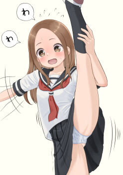 1girl black_sailor_collar black_skirt black_socks blush breasts brown_eyes brown_hair commentary_request embarrassed falling flying_sweatdrops forehead highres karakai_jouzu_no_takagi-san leg_up loli long_hair looking_at_viewer miniskirt neckerchief open_mouth panties pleated_skirt red_neckerchief sailor_collar school_uniform serafuku shirt shoes short_sleeves simple_background skirt small_breasts socks solo speech_bubble split standing standing_on_one_leg standing_split takagi-san tanakaminos underwear white_background white_panties white_shirt white_shoes
