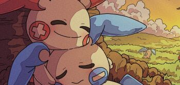 closed_eyes closed_mouth cloud gen_3_pokemon minun minus_sign nintendo no_humans onamuzi_illust orange_sky outdoors plus_sign plusle pokemon pokemon_(creature) pokemon_focus sky smile tree under_tree