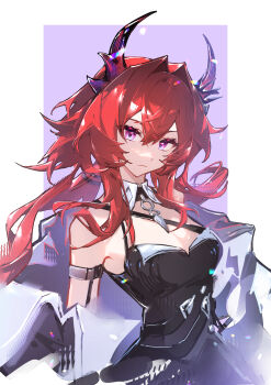 1girl absurdres arknights arknights:_endfield bare_shoulders black_dress black_horns breasts chinese_commentary cleavage closed_mouth commentary_request double-parted_bangs dress hair_intakes highres horns laevatein_(arknights) long_hair looking_at_viewer luan_teng medium_breasts purple_background purple_eyes red_hair solo surtr_(arknights)