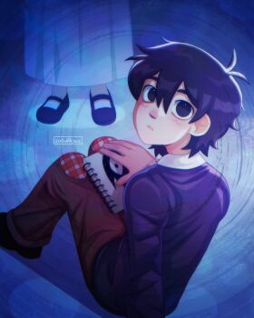 1boy 1girl alternate_costume alternate_universe antenna_hair artist_name black_shoes black_sweater brother_and_sister brown_pants collared_shirt commentary double-parted_bangs english_commentary hair_between_eyes highres looking_at_viewer mari_(faraway)_(omori) mari_(omori) omori pants shirt shirt_under_sweater shoes short_hair siblings sitting sketchbook something_(omori) sunny_(omori) sweater white_shirt zoewillowz