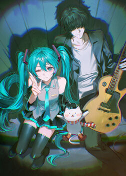 Rule 34 | 1boy, 1girl, absurdres, aqua eyes, aqua hair, aqua necktie, black hair, black jacket, black skirt, boots, bump of chicken, cat, closed mouth, collarbone, commentary, fujiwara motoo, grey shirt, guitar, hair between eyes, hair ornament, hatsune miku, headset, highres, holding, holding guitar, holding instrument, instrument, jacket, long hair, looking at viewer, looking up, miniskirt, necktie, nicole (bump of chicken), one eye closed, pleated skirt, pong (pong o0), shirt, skirt, sleeveless, sleeveless shirt, smile, thigh boots, twintails, very long hair, vocaloid, white shirt