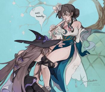 Rule 34 | 2girls, artist name, bare shoulders, black dress, black hat, blue dress, blue eyes, blue gloves, blush, brown hair, commentary, dress, elbow gloves, english commentary, english text, flower, gloves, hair bun, hand fan, hat, hat flower, herta (honkai: star rail), highres, holding, holding fan, honkai: star rail, honkai (series), hugging another's leg, looking at another, multiple girls, parted lips, purple flower, ruan mei (honkai: star rail), senta lia, side slit, speech bubble, the herta (honkai: star rail), tree, two-tone dress, white dress, white flower, white gloves, witch, yuri