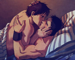 2boys bara black_hair blush conner_kent couple covering_privates cris_art dc_comics from_side half-closed_eyes hand_in_another&#039;s_hair hand_on_another&#039;s_cheek hand_on_another&#039;s_face hand_on_another&#039;s_head kiss lying lying_on_person male_focus multiple_boys muscular muscular_male nude_cover on_back on_bed shared_blanket short_hair thick_eyebrows tim_drake toned toned_male triceps yaoi