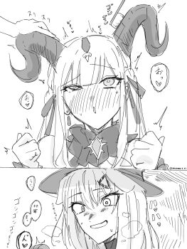 Rule 34 | 2girls, animal ears, arknights, bang dream!, bang dream! it's mygo!!!!!, blush, commentary, dog ears, dog girl, greyscale, hair ornament, hairclip, hat, highres, horns, misumi uika, misumi uika (caged singer), monochrome, multiple girls, nagomu 7 56, open mouth, sidelocks, sweat, togawa sakiko, togawa sakiko (master of melodia), touching another's horn, translation request, uncommon stimulation, yuri