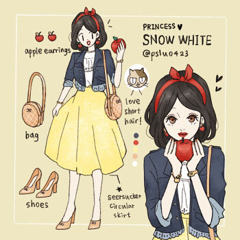 1girl apple black_hair bow contemporary food fruit hair_bow holding holding_food holding_fruit looking_at_viewer pslu0423 red_bow shoes short_hair short_sleeves skirt snow_white_(disney) snow_white_and_the_seven_dwarfs_(disney) solo