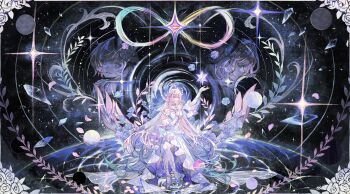 1girl absurdres arm_up bare_shoulders blue_flower bow_(weapon) branch breasts chinese_commentary commentary_request cyrene_(demiurge)_(honkai:_star_rail) cyrene_(honkai:_star_rail) cyrene_(philia093)_(honkai:_star_rail) detached_sleeves dress falling_petals flower full_body glass_shards hair_flower hair_ornament halo halo_behind_head hand_on_own_chest hand_up heart high_heels highres honkai:_star_rail honkai_(series) infinity_symbol large_breasts leaf long_hair looking_at_object petals pink_hair pink_petals planet planetary_ring pointy_ears profile projected_inset purple_eyes renga_(artist) short_sleeves sitting sky solo sparkle star_(sky) starry_sky very_long_hair weapon white_dress white_hair white_sleeves wristband
