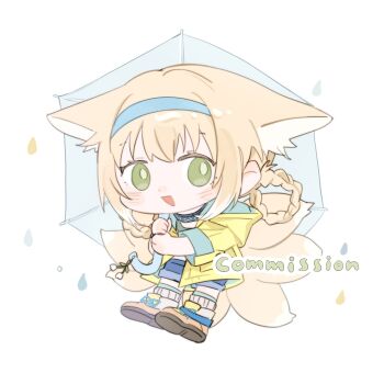 1girl :d alternate_costume animal_ears arknights blonde_hair blue_hairband blue_shorts blush braid brown_shoes chibi coat commission extra_ears fox_ears fox_girl fox_tail green_eyes hairband highres holding holding_umbrella hood hood_down hooded_coat infection_monitor_(arknights) kitsune kyuubi looking_at_viewer multiple_tails open_mouth shishang_de_yan shoes short_hair shorts smile solo suzuran_(arknights) tail twin_braids umbrella yellow_coat