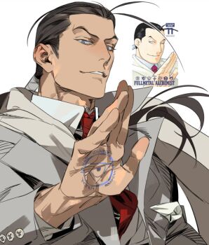Rule 34 | 1boy, arm up, blue eyes, brown hair, buttoned cuffs, buttons, collared shirt, commentary request, floating hair, fullmetal alchemist, genichiro cute, grey jacket, jacket, looking at viewer, male focus, medium sideburns, necktie, parted lips, red necktie, reference inset, shirt, simple background, solf j. kimblee, solo, suit jacket, upper body, white background, white shirt, wing collar