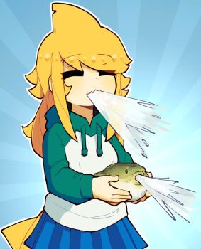 1girl animal blonde_hair blue_skirt closed_eyes d-floe facing_viewer fins fish fish_tail green_hoodie head_fins highres holding holding_animal holding_fish hood hoodie long_hair long_sleeves meme multicolored_hoodie open_mouth original pleated_skirt puffer_fish_vomiting_water_(meme) shark_girl shark_tail skirt solo tail what white_hoodie