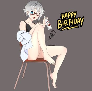 1girl blue_eyes bottle chair date_a_live english_text glasses highres honjou_nia nia_honjou1 short_hair sitting solo thighs white_hair wine_bottle