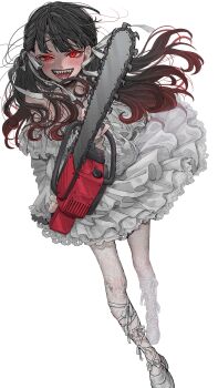 Rule 34 | 1girl, :d, absurdres, ankle lace-up, baio rin, black hair, blush, braid, chainsaw, commentary, dr.k (doctorkodok), dress, frilled dress, frills, full body, gradient hair, hair ribbon, highres, holding, holding chainsaw, kimi no koto ga dai dai dai dai daisuki na 100-nin no kanojo, long hair, looking at viewer, multicolored hair, open mouth, pantyhose, red eyes, red hair, ribbon, sharp teeth, shoes, simple background, slit pupils, smile, solo, teeth, white background, white dress, white pantyhose, white ribbon, white shoes
