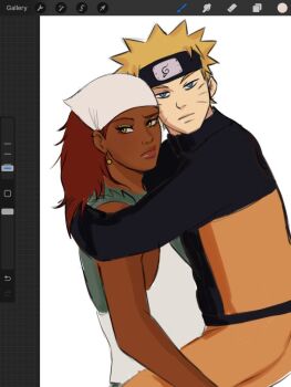 1boy 1girl art_program_in_frame black_jacket blonde_hair commentary dark-skinned_female dark_skin english_commentary forehead_protector friedrice0404 hug jacket karui_(naruto) konohagakure_symbol looking_at_viewer multicolored_jacket naruto_(series) naruto_shippuuden orange_jacket orange_pants pants red_hair two-tone_jacket uzumaki_naruto very_dark_skin